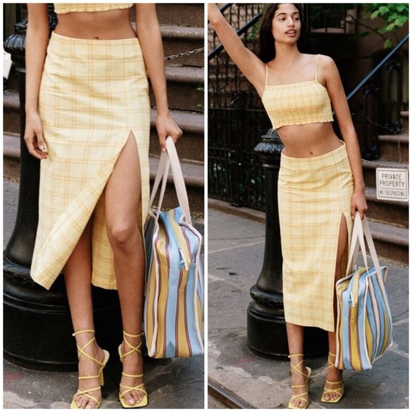 Zara Dresses & Skirts - Zara Yellow Plaid Midi Slit Skirt Size L